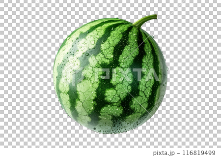 Whole watermelon with vibrant green skin isolated on white transparent background, refreshing fruit for a healthy summer picnic. 116819499