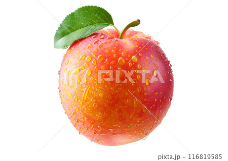 A closeup view of a ripe, fresh peach or nectarine covered in dew drops, surrounded by green leaves isolated on white background. 116819585