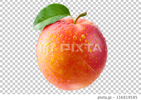 A closeup view of a ripe, fresh peach or nectarine covered in dew drops, surrounded by green leaves isolated on white background. 116819585