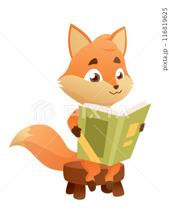Baby animal reading book. Cute cartoon animal. Smart funny character studying literature. Hand drawn vector illustration 116819625
