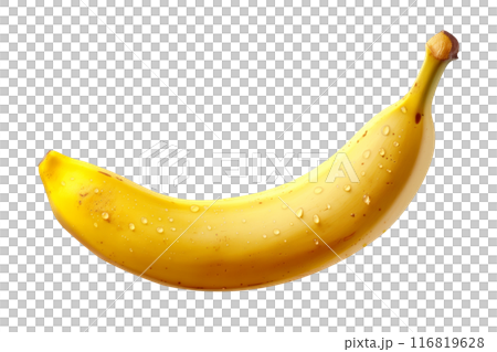 Bright yellow banana with water droplets, isolated on white background, ideal for healthy food visuals. 116819628