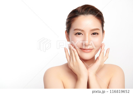 Beautiful young asian woman with clean fresh skin on white background, Face care, Facial treatment, Cosmetology, beauty and spa, Asian women portrait. Beautiful young asian woman with clean fresh skin on white background, Face care, Facial treatment, Cosmetology, beauty and spa, Asian women portrait. 116819652