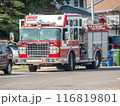 Calgary, Alberta, Canada. Jul 17, 2024. A fire truck with an emblem of the Calgary Fire Department, Station 36. Red text. 116819801