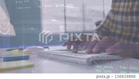 Image of graphs, trading boards, computer language, caucasian man scrolling on digital tablet 116819808