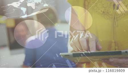 Image of infographic interface over midsection of caucasian woman using digital tablet 116819809