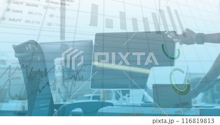 Image of stock market data processing over mid section of woman using digital tablet at office 116819813