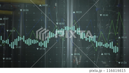 Image of multiple graphs with changing numbers over data server room 116819815