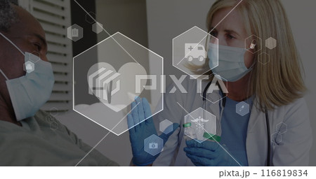 Image of digital icons data processing over caucasian female doctor in face mask vaccinating 116819834