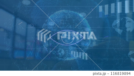 Image of eye, graphs, loading circles and globes over empty warehouse 116819894