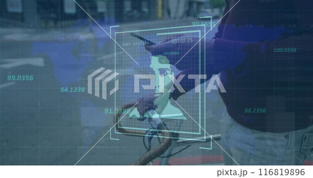 Image of digital profile picture, numbers and map over caucasian man on bicycle using cellphone 116819896
