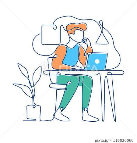 Businessman Sitting Working in Workspace Using Laptop Filled Continuous Line Art Vector Businessman Sitting Working in Workspace Using Laptop Filled Continuous Line Art Vector 116820060