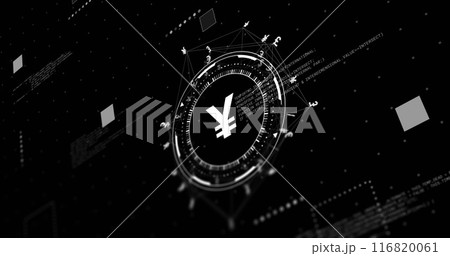 Image of network with data processing and yen signs over black background 116820061