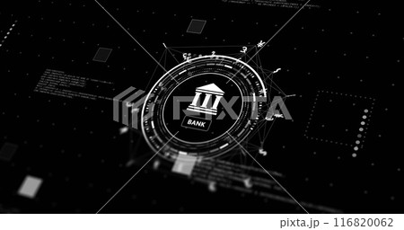 Image of network with data processing and bank signs over black background Image of network with data processing and bank signs over black background 116820062