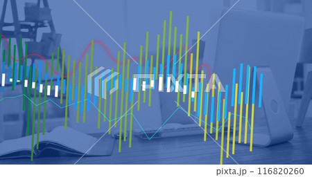 Image of financial data processing over computer on desk in empty office 116820260