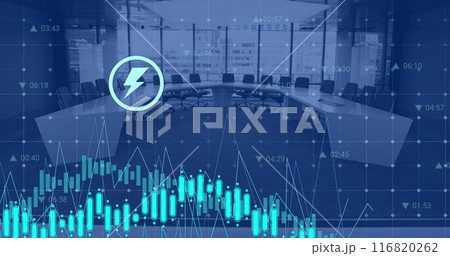 Image of financial data processing over conference room in empty office 116820262