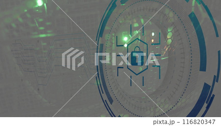 Image of scope scanning with padlock icon over server room Image of scope scanning with padlock icon over server room 116820347