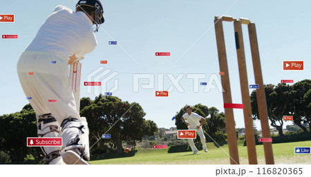 Image of digital data processing over diverse cricketers on field 116820365