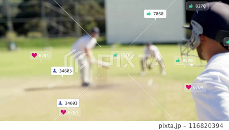 Image of digital data processing over diverse cricketers on field 116820394
