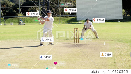 Image of digital data processing over diverse cricketers on field Image of digital data processing over diverse cricketers on field 116820396