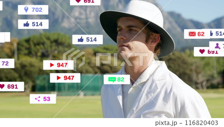 Image of digital data processing over caucasian cricket umpire on field 116820403