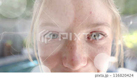 Image of light spots over portrait close up of happy caucasian teenage girl in garden Image of light spots over portrait close up of happy caucasian teenage girl in garden 116820424