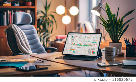 Modern office interior There is a wooden table with financial reports 116820673