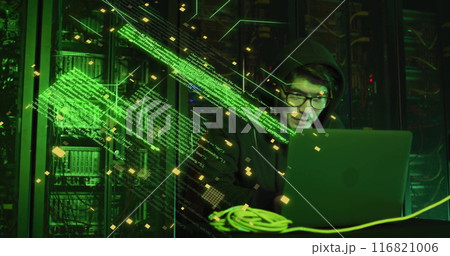 Image of circuit board and data processing over asian male it engineer by computer servers Image of circuit board and data processing over asian male it engineer by computer servers 116821006