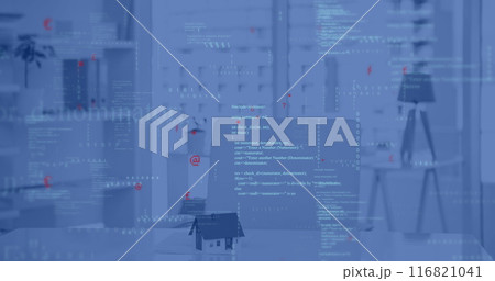 Image of data processing over work station in office 116821041