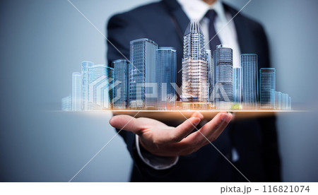 手の平から映る高層ビル群（AI生成画像） 116821074