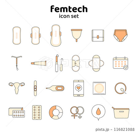 生理　アイコン　セット　妊娠　避妊　PMS　フェムテック　イラスト　線　サニタリー　月経　健康　橙色 116821088