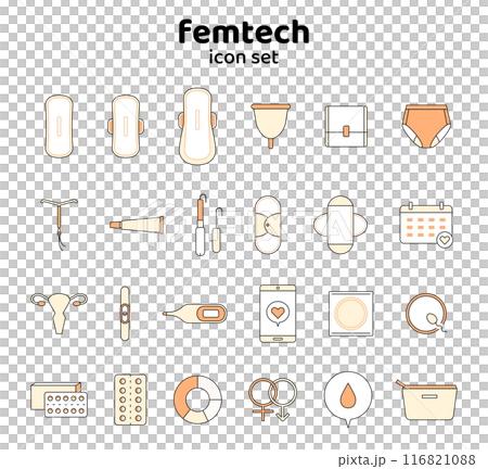 生理　アイコン　セット　妊娠　避妊　PMS　フェムテック　イラスト　線　サニタリー　月経　健康　橙色 116821088