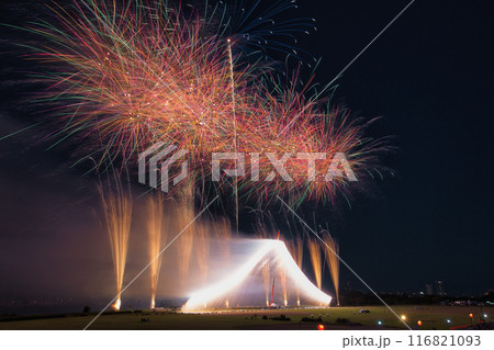 夜空に咲く花火　高く輝く花火大会　花火　夜空　花火イメージ　花火大会 116821093
