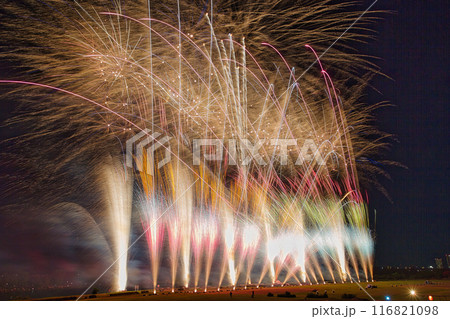 夜空に咲く花火　高く輝く花火大会　花火　夜空　花火イメージ　花火大会 116821098