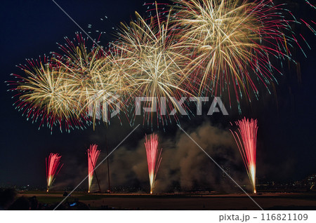 夜空に咲く花火　高く輝く花火大会　花火　夜空　花火イメージ　花火大会 116821109