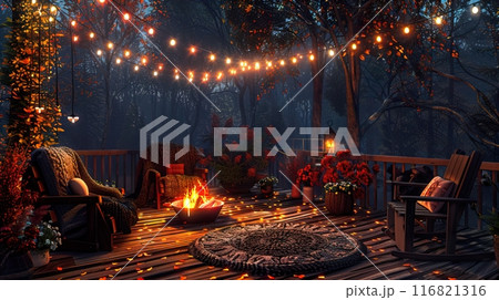 A cozy veranda with a place to relax, flowers and a bonfire in the center. Decorated with garlands. A cozy veranda with a place to relax, flowers and a bonfire in the center. Decorated with garlands. 116821316