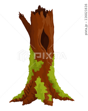 Log, stump in moss. Cartoon tree lichen in swamp jungle. Broken oak in tropical damp forest. Isolated vector design element on white background 116821616