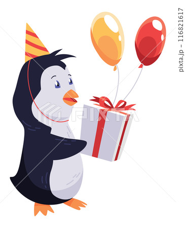 Cute penguin stands with giftbox and balloon. Funny draw character in cartoon style. Adorable wild animal. Vector illustration 116821617