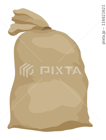 Burlap farmer bag with flour, rice or salt. Agricultural product. Farm production in brown textile bale, closed sack with product inside. Cartoon vector icon Burlap farmer bag with flour, rice or salt. Agricultural product. Farm production in brown textile bale, closed sack with product inside. Cartoon vector icon 116821621