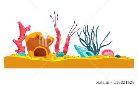 Aquarium decoration, different colorful algae, shells and sand. Underwater life scene. Beautiful vector glass aquarium accessories set in flat style on white 116821629