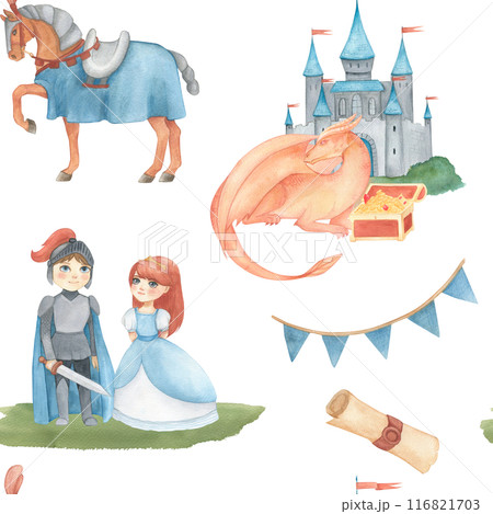 Seamless pattern with watercolor illustration of a flags in red and blue and castle, knight or prince, horse, dragon, pile of treasures, princess, scroll. Hand drawn. For children's room wallpaper 116821703