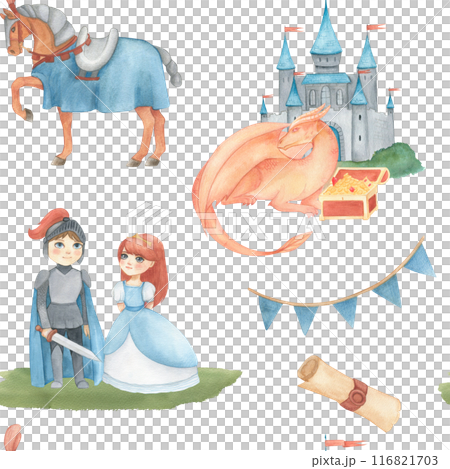 Seamless pattern with watercolor illustration of a flags in red and blue and castle, knight or prince, horse, dragon, pile of treasures, princess, scroll. Hand drawn. For children's room wallpaper 116821703