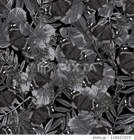 Gray dark camouflage seamless pattern with lush foliage, leaves, butterfly. Wild nature. For apparel, fabric, textile, sport goods design. 116821919