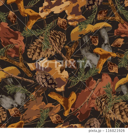 Seamless camouflage pattern with forest litter, nature elements. Dry sticks, cones, pine needles, bark pieces. Wild nature. For apparel, fabric, textile, sport goods. 116821926