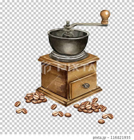 watercolor manual coffee grinder and roasted coffee beans, hand drawn illustration of retro style kitchen utensils, wooden coffee grinder, sketch for menu isolated on white background watercolor manual coffee grinder and roasted coffee beans, hand drawn illustration of retro style kitchen utensils, wooden coffee grinder, sketch for menu isolated on white background 116821935