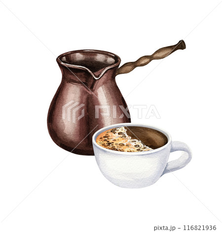 watercolor composition of coffee theme with ceramic coffee maker, dzhezva, Turkish coffee pot, cup of espresso, hand drawn illustration isolated on white background, for cafe decoration watercolor composition of coffee theme with ceramic coffee maker, dzhezva, Turkish coffee pot, cup of espresso, hand drawn illustration isolated on white background, for cafe decoration 116821936