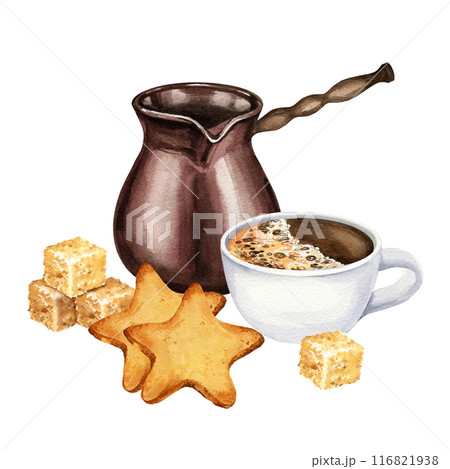 watercolor composition of coffee theme with coffee maker, dzhezva, cookies, Turkish coffee pot, cup of espresso and brown sugar cubs, hand drawn illustration isolated on white background, for cafe watercolor composition of coffee theme with coffee maker, dzhezva, cookies, Turkish coffee pot, cup of espresso and brown sugar cubs, hand drawn illustration isolated on white background, for cafe 116821938