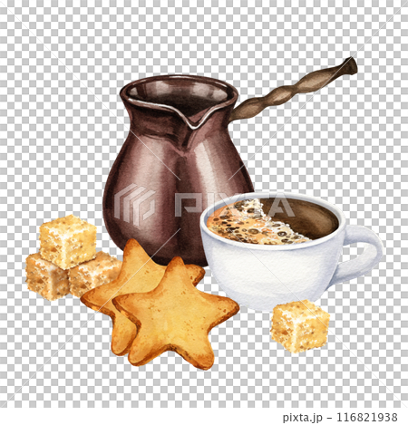 watercolor composition of coffee theme with coffee maker, dzhezva, cookies, Turkish coffee pot, cup of espresso and brown sugar cubs, hand drawn illustration isolated on white background, for cafe watercolor composition of coffee theme with coffee maker, dzhezva, cookies, Turkish coffee pot, cup of espresso and brown sugar cubs, hand drawn illustration isolated on white background, for cafe 116821938