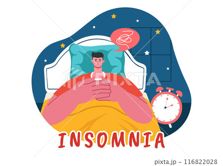 Insomnia Vector Illustration Featuring Young People Unable to Sleep, Lying Awake and Thinking with Eyes Open at Night in a Bedroom in Flat Cartoon Insomnia Vector Illustration Featuring Young People Unable to Sleep, Lying Awake and Thinking with Eyes Open at Night in a Bedroom in Flat Cartoon 116822028