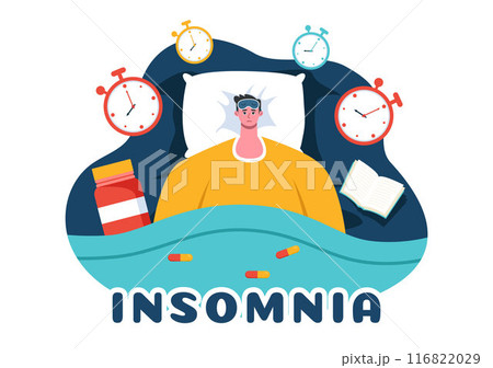 Insomnia Vector Illustration Featuring Young People Unable to Sleep, Lying Awake and Thinking with Eyes Open at Night in a Bedroom in Flat Cartoon Insomnia Vector Illustration Featuring Young People Unable to Sleep, Lying Awake and Thinking with Eyes Open at Night in a Bedroom in Flat Cartoon 116822029