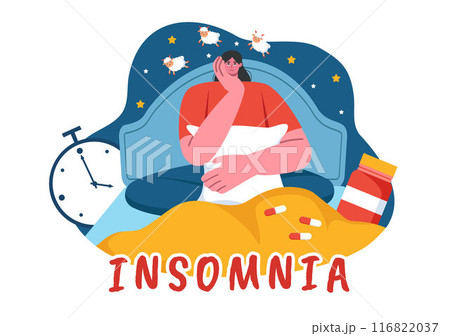 Insomnia Vector Illustration Featuring Young People Unable to Sleep, Lying Awake and Thinking with Eyes Open at Night in a Bedroom in Flat Cartoon Insomnia Vector Illustration Featuring Young People Unable to Sleep, Lying Awake and Thinking with Eyes Open at Night in a Bedroom in Flat Cartoon 116822037